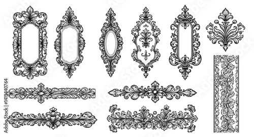 Ornate rococo ornaments illustrations in black and white for design projects