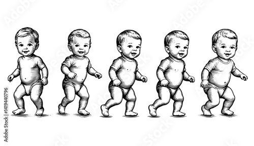 Joyful babies learning to walk sequence in black and white