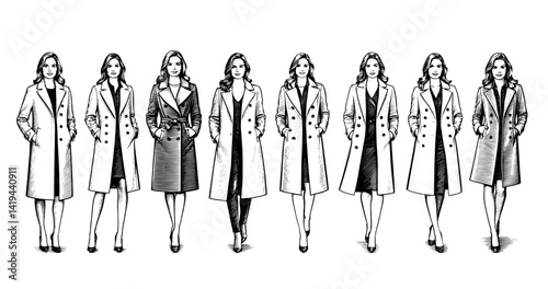Women in various coats illustration in black and white,vintage