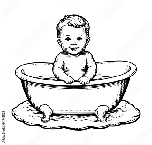 Happy Baby Sitting in Bathtub Black and White Line Drawing