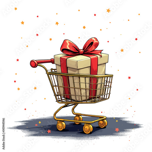 Vsai shopping cart carrying a gift box with red ribbon and stars background