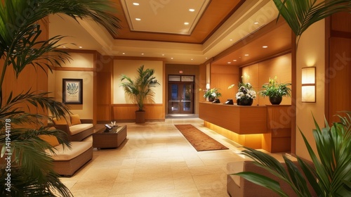 Luxurious hotel lobby featuring a reception desk and plants