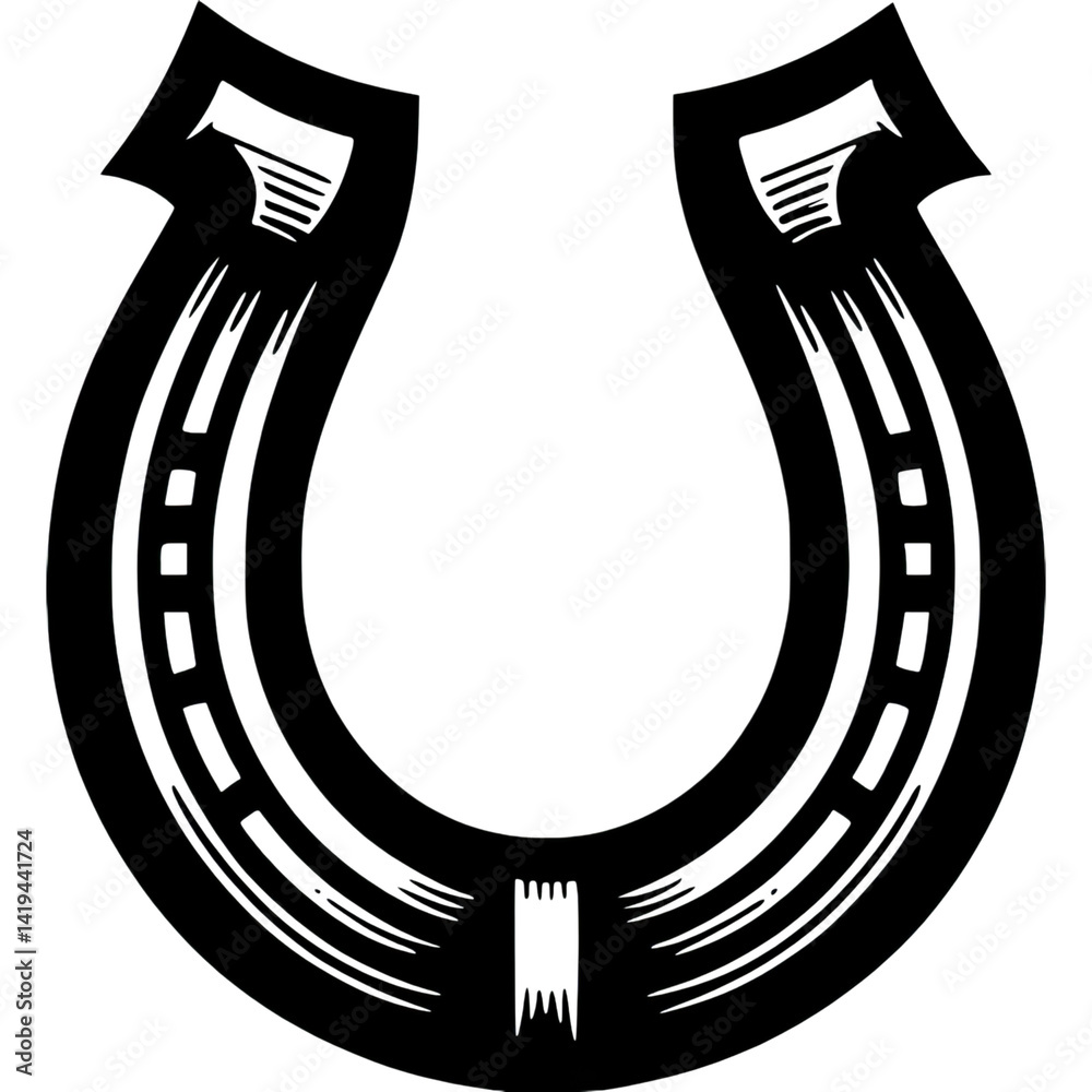 Black and white horseshoe icon with lucky charm symbol in minimalist style Black and white horseshoe icon with lucky charm symbol in minimalist style