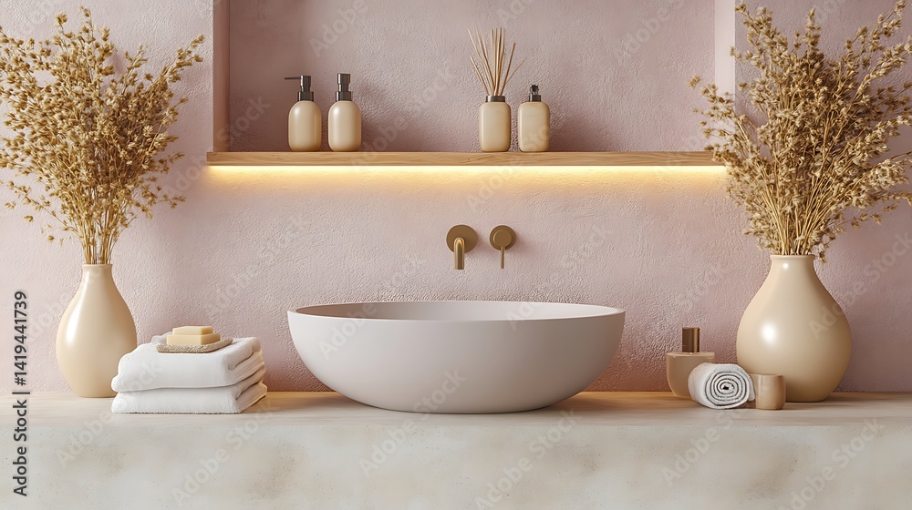 Fototapeta premium A contemporary bathroom interior featuring an oval matte gray sink suspended in a glowing frosted glass base, light diffusing into surrounding tiles.