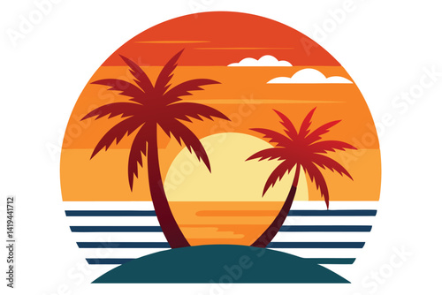 Silhouette Coconut Palms at Sunset with Clouds and Island in Retro Circle