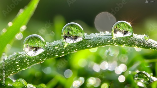 Dew drops on a green leaf natures microcosm