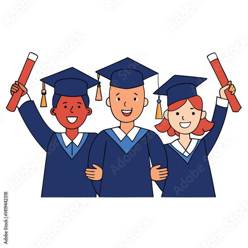 Smiling Diverse Graduates in Caps and Gowns Holding Diplomas on White Background