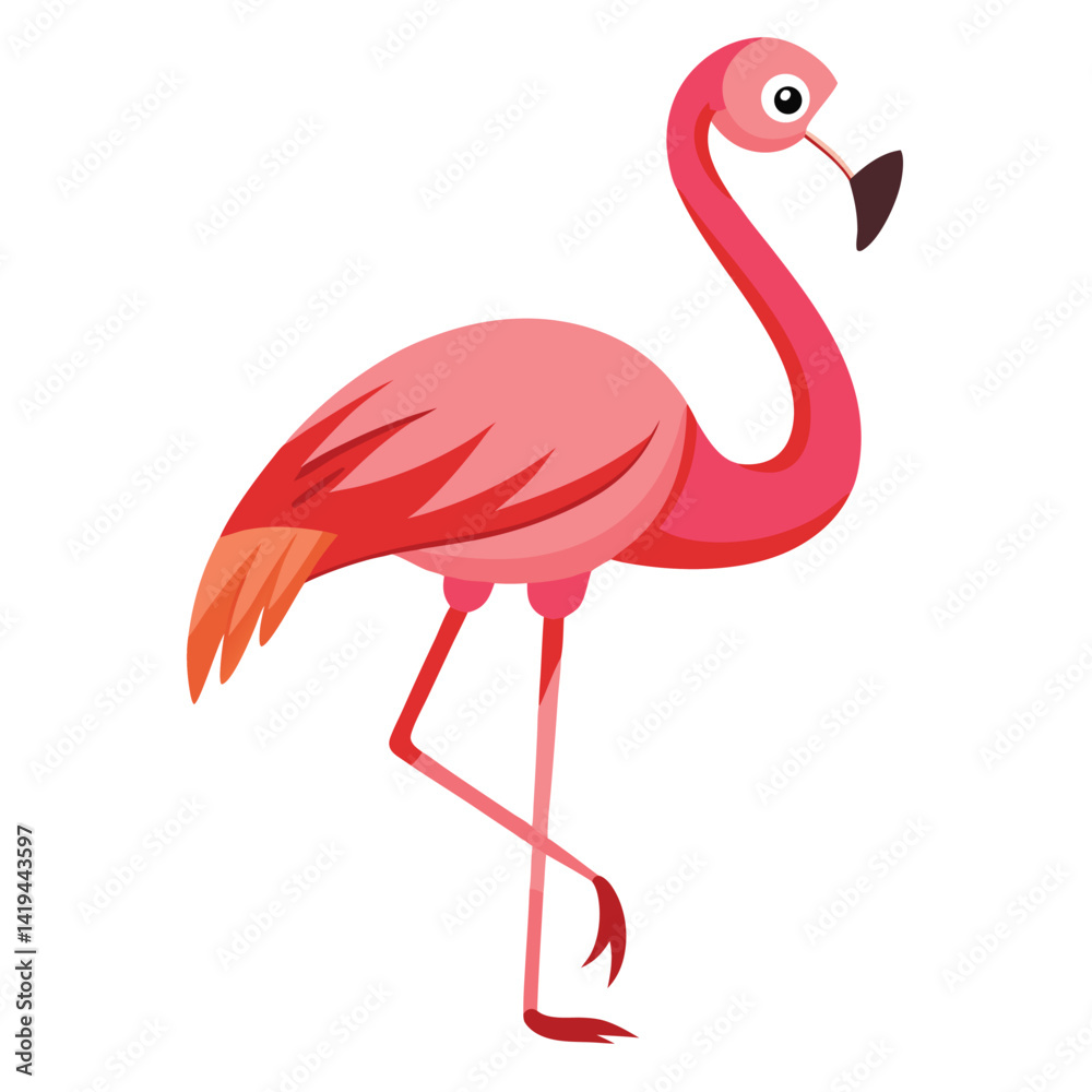 Obraz premium Standing Flamingo with Pink Plumage and Leg Raised Isolated on White Background