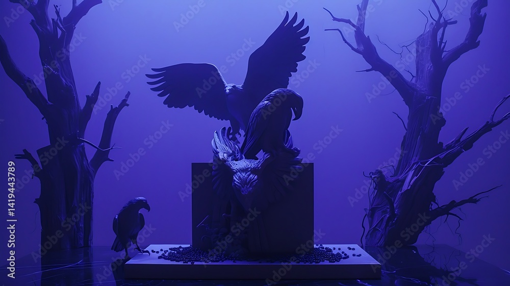 Fototapeta premium Eerie avian tableau in ethereal blue hues, creating a somber, surreal spectacle