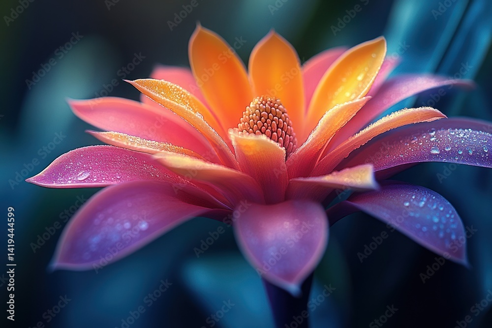 Fototapeta premium Vibrant flower with dew drops in a garden setting