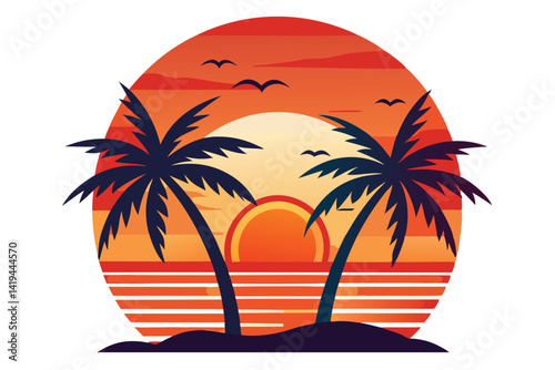 Sunset With Palm Trees Silhouettes & Birds Flying In A Circle Orange Sky
