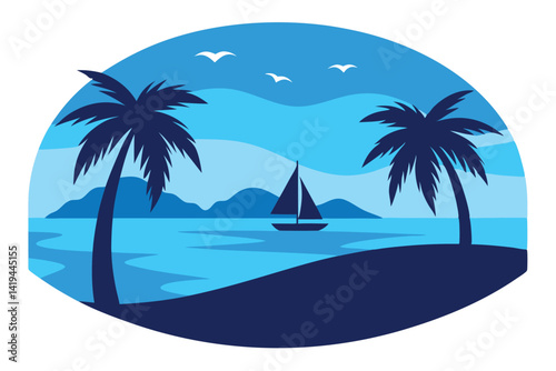 Tropical Beach Palm Trees, Sailboat and Seagulls Scenic Blue and Dark Blue Tones