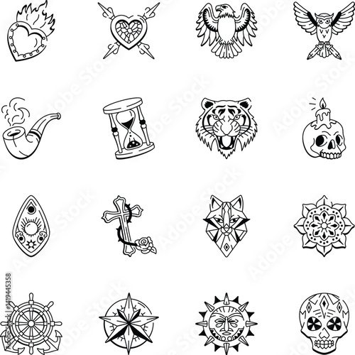 Collection of Artistic Tattoo Hand Drawn Icons 
