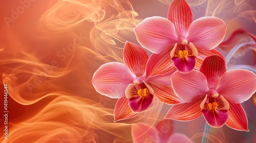 Beautiful pink orchids in vibrant orange smoke background.  Possible use  Greeting cards, wallpapers