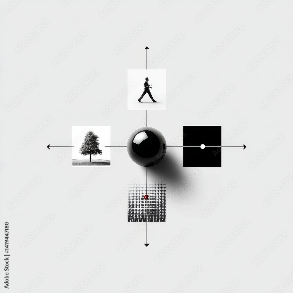 Abstract Composition with Black Sphere, Directional Arrows, and Monochrome Imagery Displayed on a White Wall