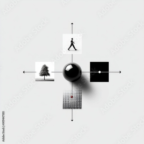 Obraz na płótnie Abstract Composition with Black Sphere, Directional Arrows, and Monochrome Imagery Displayed on a White Wall w salonie