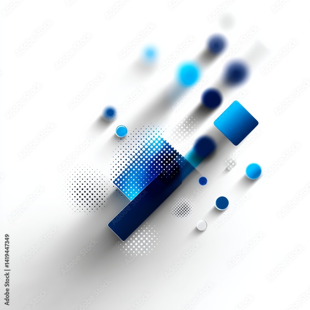 Abstract Geometric Composition: Blue Squares, Circles, and Halftone Patterns on White Background