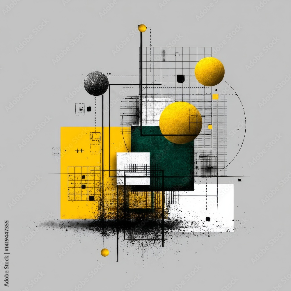 Abstract Geometric Composition: Interplay of Spheres, Squares, and Lines in Muted Color Palette