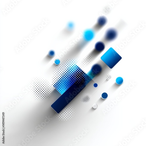 Obraz na płótnie Abstract Geometric Composition: Blue Squares, Circles, and Halftone Patterns on White Background w salonie