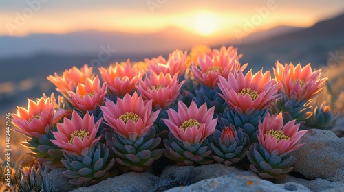 Pink succulents bloom at sunrise in mountain landscape