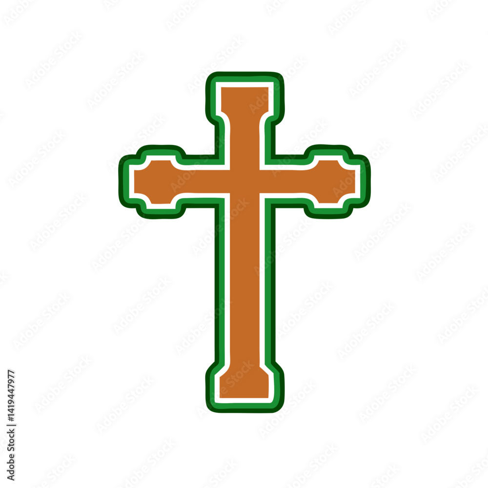 Christian cross icon in brown and green outline style