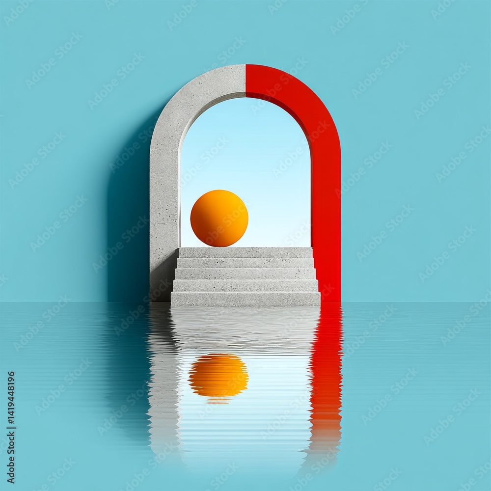 Archway to Tranquility: A Surreal Water Reflection with Orange Sphere and Minimalist Architecture.