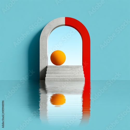 Obraz na płótnie Archway to Tranquility: A Surreal Water Reflection with Orange Sphere and Minimalist Architecture. w salonie