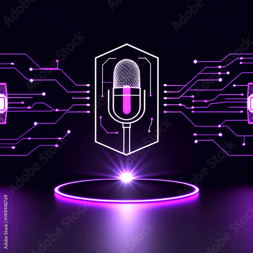 Futuristic Microphone Icon on a Digital Circuit Background