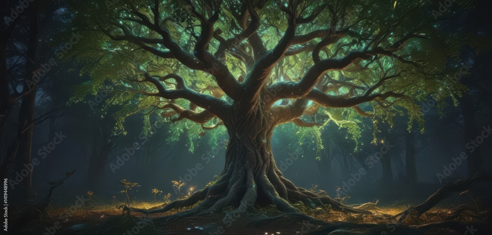 Fototapeta premium Gigantic luminous tree; holographic vines, phosphorescent fungi , glowing, graphic, roots