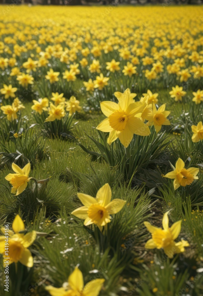 Fototapeta premium Glistening daffodil petals, sunny field, vibrant yellow carpet , spring, landscape