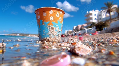 Discarded plastic cup on beach coastal pollution