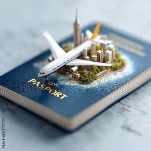 Passport to New Adventures: Miniature Cityscape & Airplane on Travel Document Symbolizing Global Exploration & Journeys.