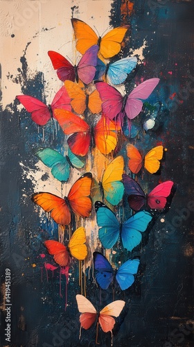 Obraz na płótnie Colorful Butterfly Abstract Composition: A vivid collection of vibrantly hued butterflies adorn a textured, artistic canvas, creating a dynamic. w salonie