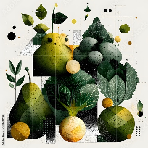 Artistic Food Composition: An artistic and modern digital illustration presents a colorful array of fresh, healthy plant-based food items, each with vibrant hues and intricate details.