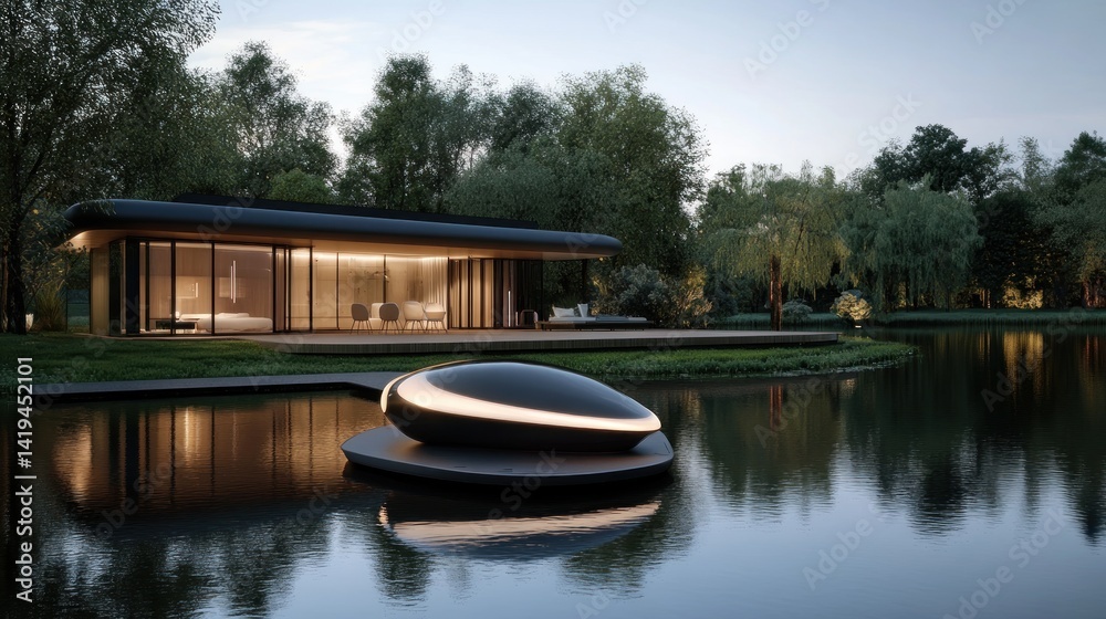 Fototapeta premium Modern architectural retreat on serene water.
