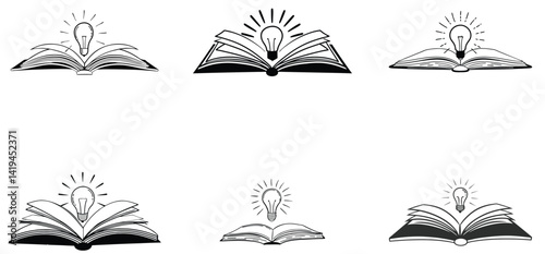 Book with glowing light bulb unique hand drawn line art silhuette vector design set