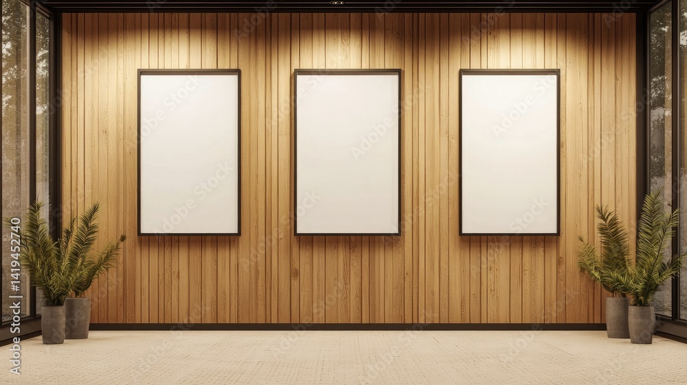 Bright startup office with wooden wall and blank poster frames, natural daylight flooding the modern space Bright startup office with wooden wall and blank poster frames, natural daylight flooding the modern space