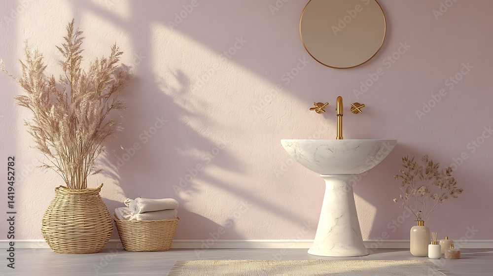 A pristine white marble pedestal sink with bronze-gold fixtures in a softly lit environment, surrounded by luxury textures, minimalist decor, and refined architectural lines. A pristine white marble pedestal sink with bronze-gold fixtures in a softly lit environment, surrounded by luxury textures, minimalist decor, and refined architectural lines.