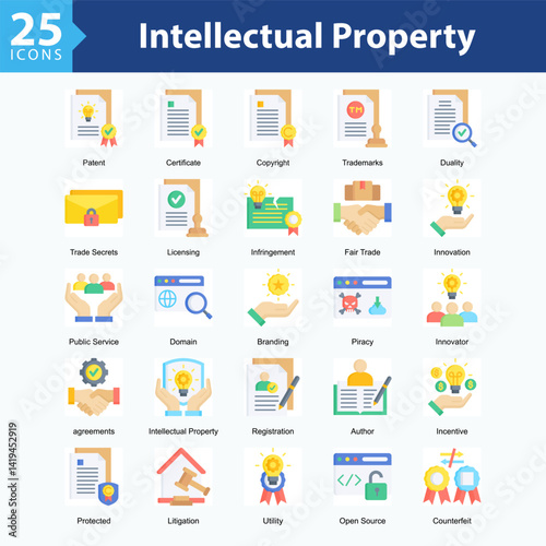 Intellectual Property Rights is a collection of icons in sheet format representing legal elements and protection of intellectual property rights in the digital era.