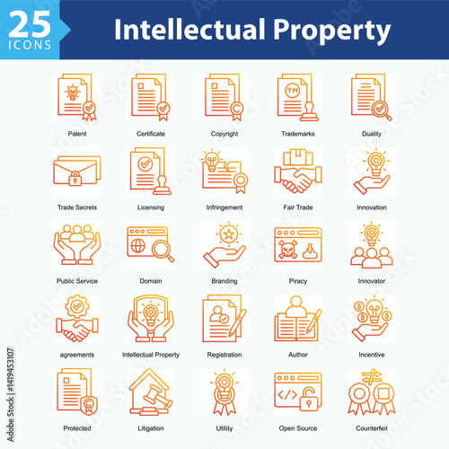 Intellectual Property Rights is a collection of icons in sheet format representing legal elements and protection of intellectual property rights in the digital era.