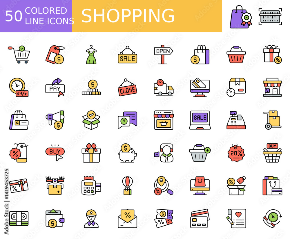Fototapeta premium Pack of Shopping Flat icon