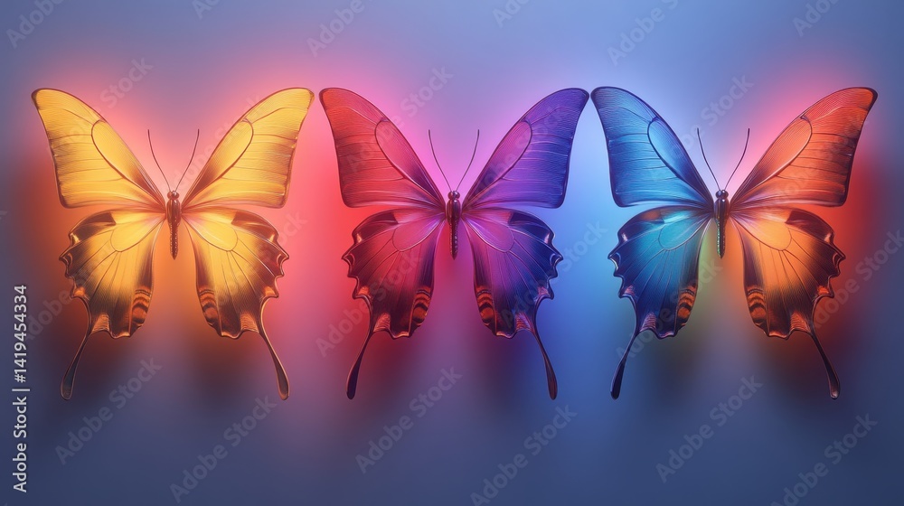 Chromatic Wings: A surreal composition showcases a row of vibrant butterflies with radiant wings, casting colorful glows. An artistic display of light and color, designed to captivate and enchant.