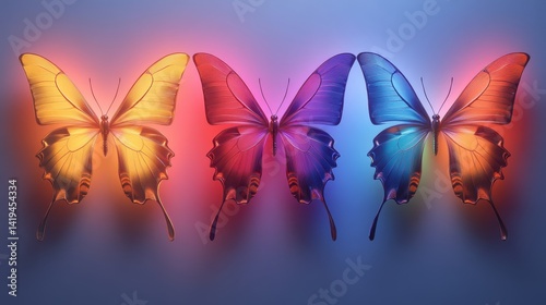 Obraz na płótnie Chromatic Wings: A surreal composition showcases a row of vibrant butterflies with radiant wings, casting colorful glows. An artistic display of light and color, designed to captivate and enchant. w salonie