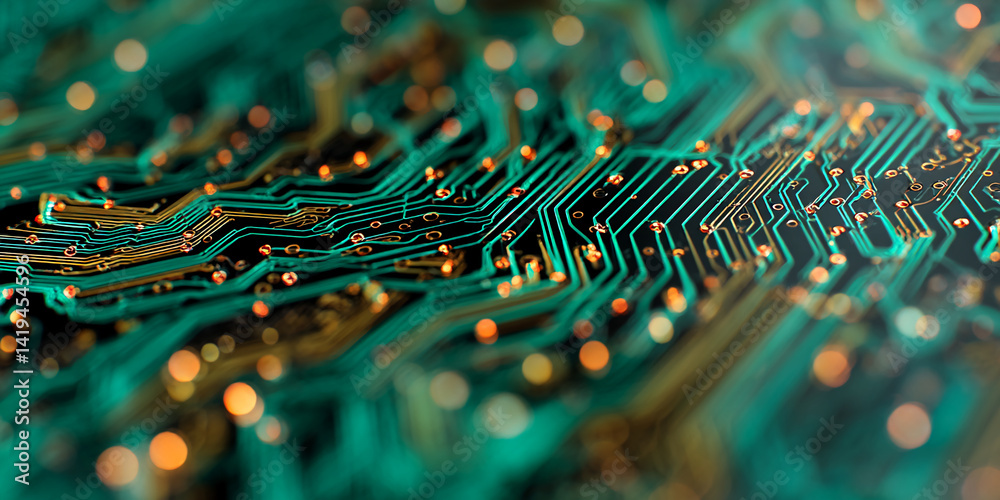 Fototapeta premium Close-up of teal and gold circuit board texture, intricate lines and connections, representing technology, innovation, and digital world, suitable for tech backgrounds