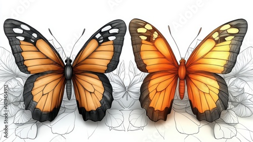 Two Butterflies in Flight: Two colorful butterflies with intricate wings, orange and brown, in flight, against a soft white background. The butterflies, drawn in a realistic style.