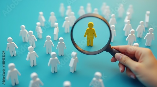 A magnifying glass is focusing on a single person icon among many white icons of people, symbolizing customer targeting, individual attention, personalization, recruitment 