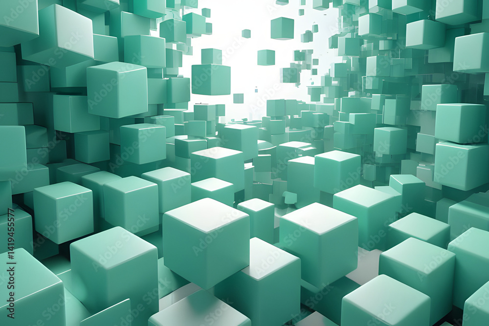 Fototapeta premium Abstract teal 3D cubes floating in space with light background and copy space