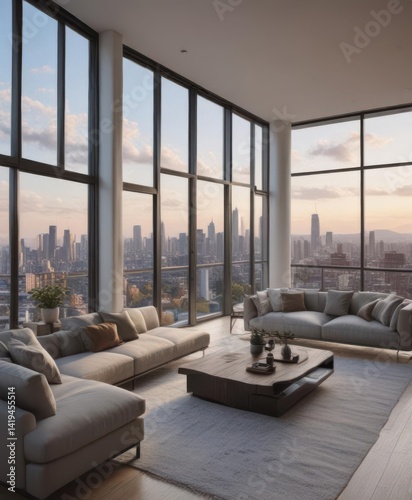 Penthouse condo, city skyline view, panoramic windows, modern decor,  floor-to-ceiling windows,  kitchen,  city