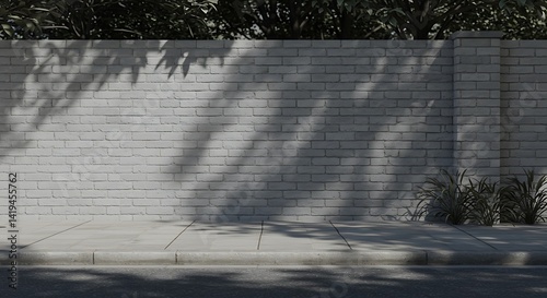 Tree shadow Black white light grey brick fence wall and sidewalk Background