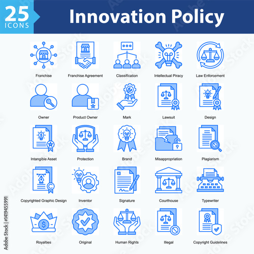 Innovation Policy is a collection of icons in sheet format representing legal elements and protection of intellectual property rights in the digital era.
